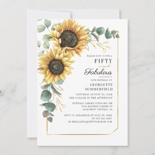 Sunflower Floral Greenery 50th Birthday Invitation (Front)
