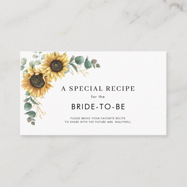 Sunflower Floral Greenery Bridal Shower Recipe Enclosure Card (Front)