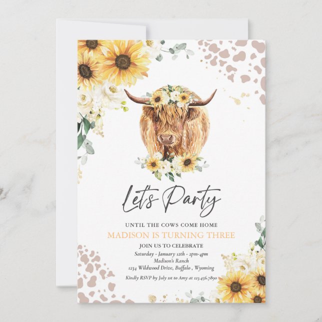 Sunflower Floral Highland Cow Birthday Party  Invitation (Front)