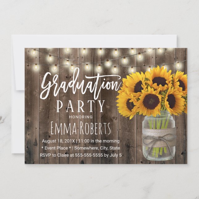 Sunflower Floral Jar Rustic Barn Wood Graduation Invitation (Front)