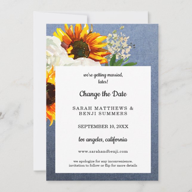 Sunflower Floral & Jean Change the Date Details Invitation (Front)
