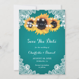 Sunflower Floral Lace String Lights Teal Wedding Save The Date