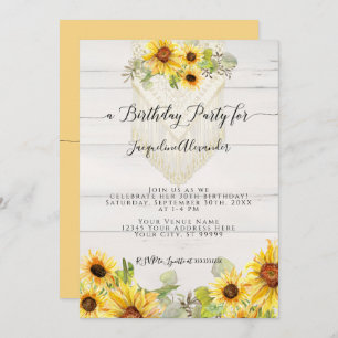 Sunflower Floral Leaf Macrame Boho Birthday Party Invitation