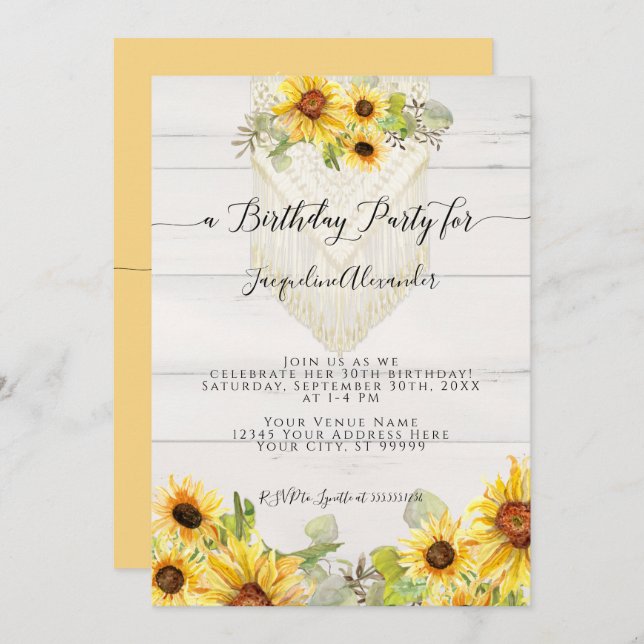 Sunflower Floral Leaf Macrame Boho Birthday Party  Invitation (Front/Back)