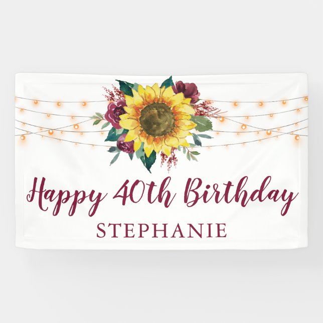 Sunflower Floral Lights 40th Birthday Party Banner (Horizontal)
