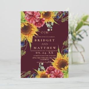  Sunflower Floral Maroon Wedding Invitation