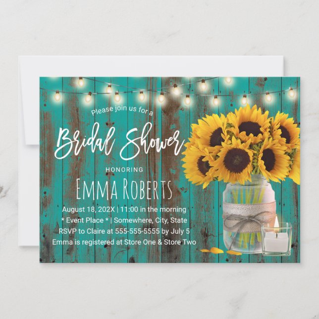 Sunflower Floral Mason Jar Teal Wood Bridal Shower Invitation (Front)