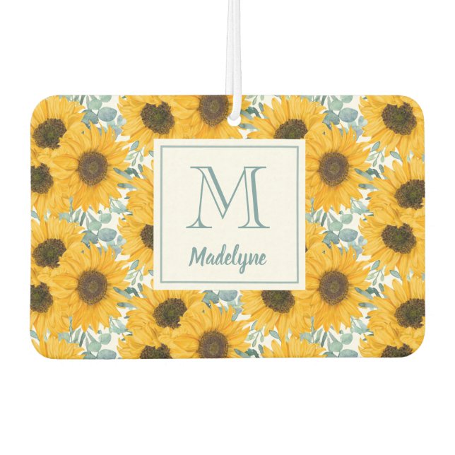 Sunflower Floral Monogram Name Personalised Car Air Freshener (Front)