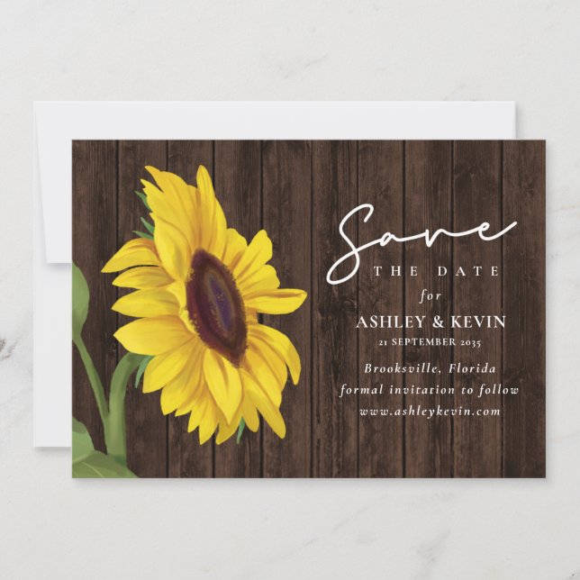 Sunflower Floral Over Wood Wedding Save The Date (Front)