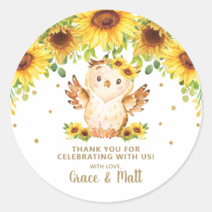Sunflower Floral Owl Thank You Favour Gold Glitter Classic Round Sticker