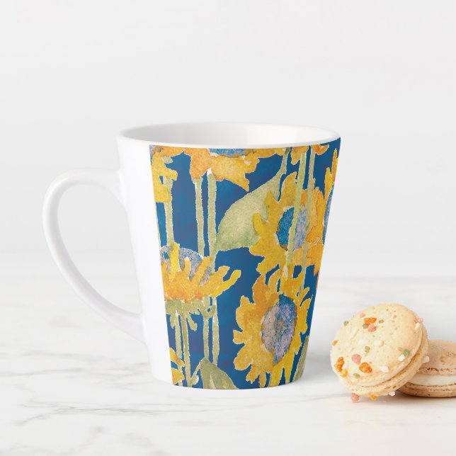 Sunflower Floral Pattern Blue Latte Mug (In Situ)