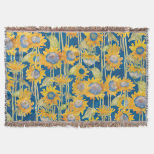 Sunflower Floral Pattern Blue Throw Blanket
