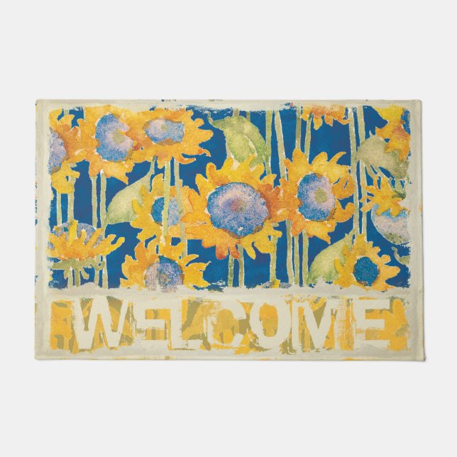 Sunflower Floral Pattern Blue Welcome Doormat (Front)