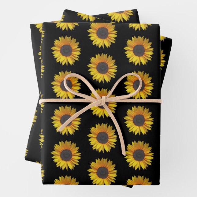 Sunflower Floral Pattern On Black Wrapping Paper Sheet (In situ)
