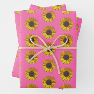 Sunflower Floral Pattern On Hot Pink Wrapping Paper Sheet