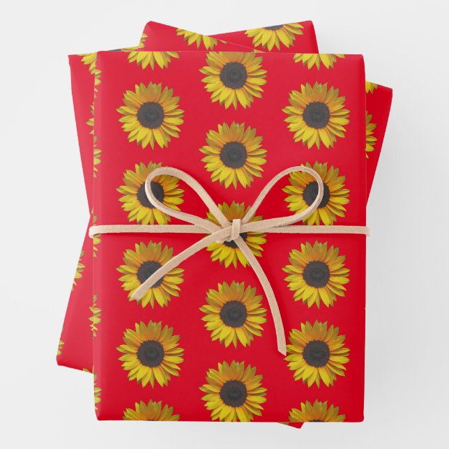 Sunflower Floral Pattern On Red Wrapping Paper Sheet (In situ)