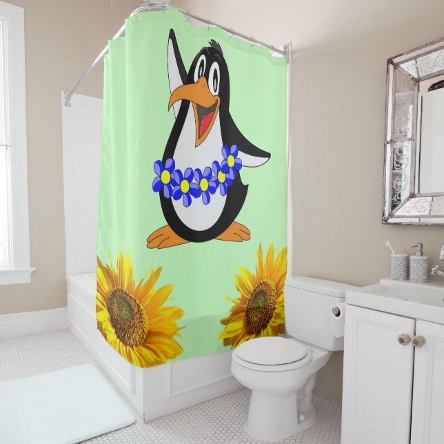 Sunflower Floral Penguin Shower Curtain (In Situ)