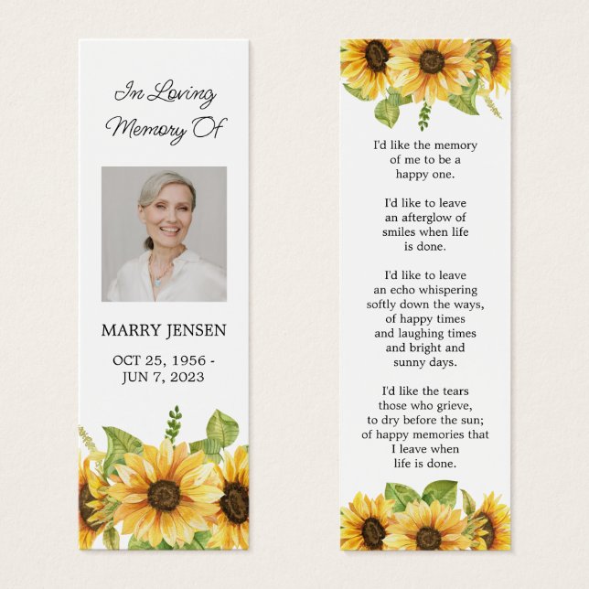 Sunflower Floral Photo Funeral Memorial Bookmark (Front & Back)