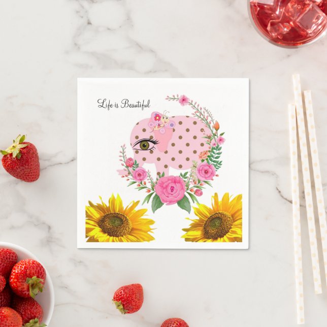 Sunflower Floral Pink Elephant Paper Napkins (Insitu)