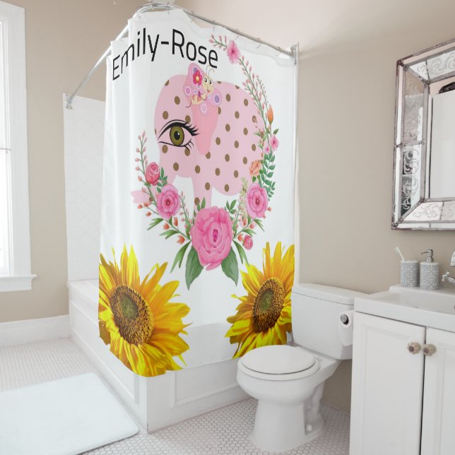 Sunflower Floral Pink Elephant Shower Curtain (In Situ)