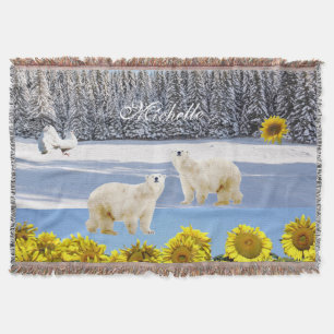 Sunflower Floral Polar Bear Throw Blanket