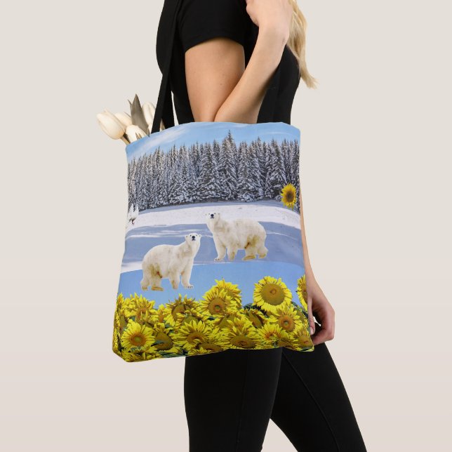Sunflower Floral Polar Bear Tote Bag (Close Up)