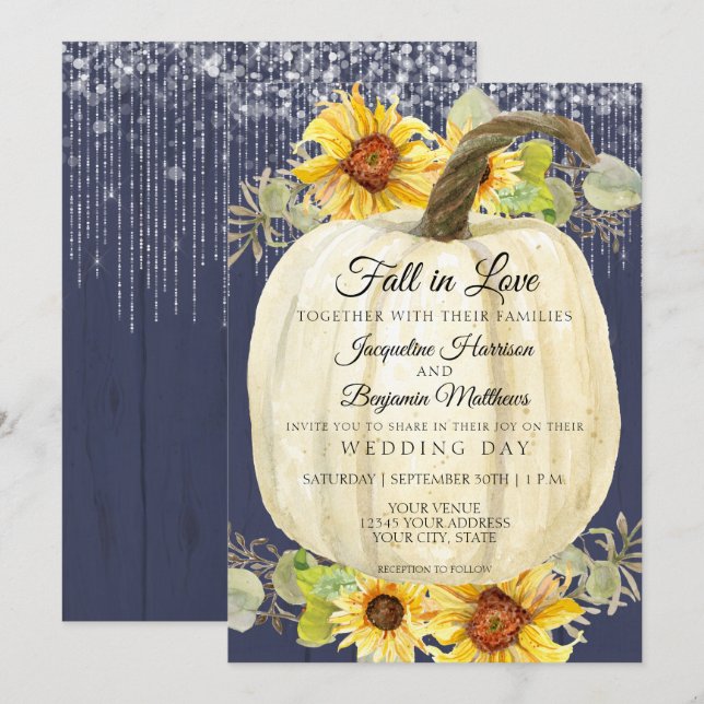 Sunflower Floral Pumpkin Navy Wood Fairy Lights Invitation (Front/Back)