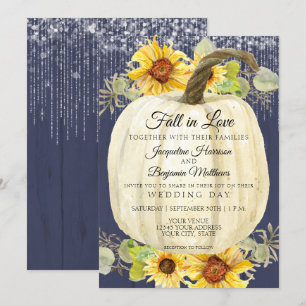 Sunflower Floral Pumpkin Navy Wood Fairy Lights Invitation
