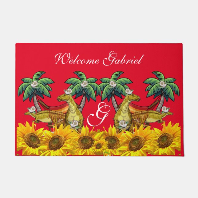 Sunflower Floral Red Dinosaur  Door Mat (Front)