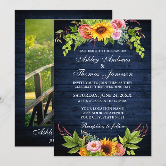 Sunflower Floral Rustic Blue Wood Photo Wedding Invitation (Front/Back)