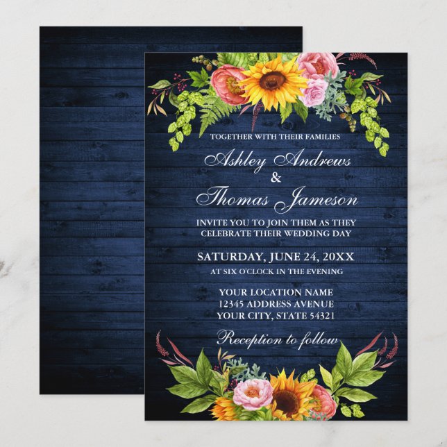 Sunflower Floral Rustic Blue Wood Wedding Invitation (Front/Back)