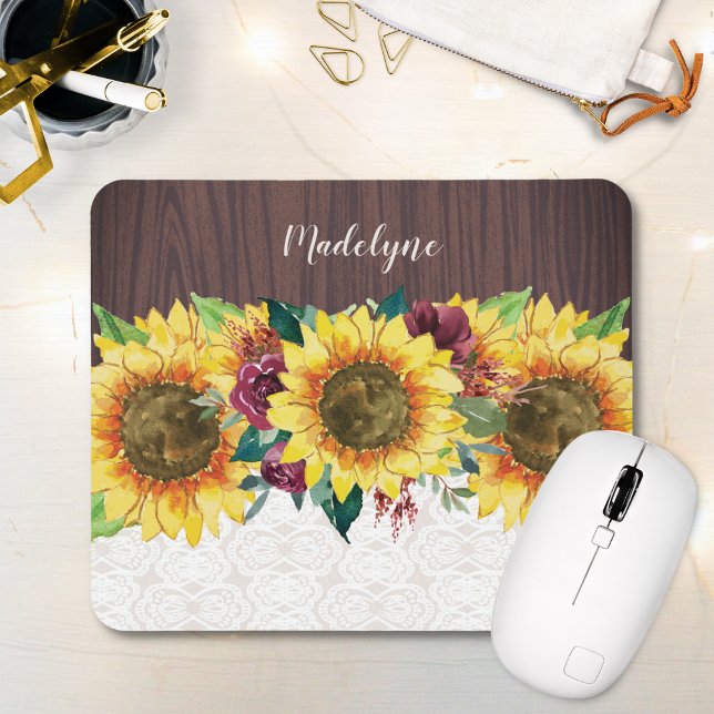 Sunflower Floral Rustic Personalised Name Mouse Mat (Creator Uploaded)