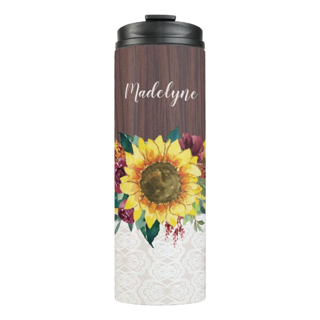 Sunflower Floral Rustic Personalised Name Thermal Tumbler (Front)