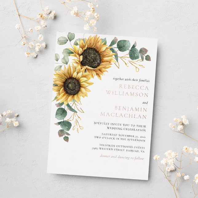 Sunflower Floral Rustic Wedding Rose Gold (Sunflower Eucalyptus Wedding Rose Gold Foil Invitation)
