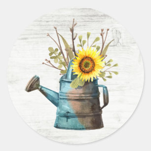 Sunflower Floral & Rustic Wood Vintage Cottage Classic Round Sticker