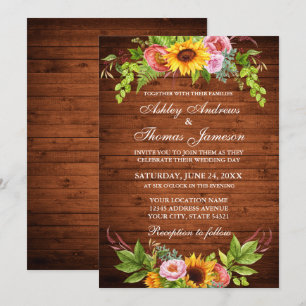 Sunflower Floral Rustic Wood Wedding Invitation
