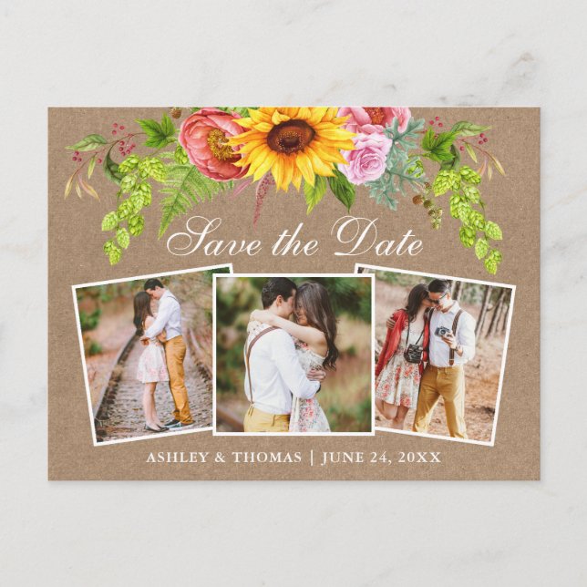 Sunflower Floral Save the Date 3 Photo Kraft Invitation Postcard (Front)