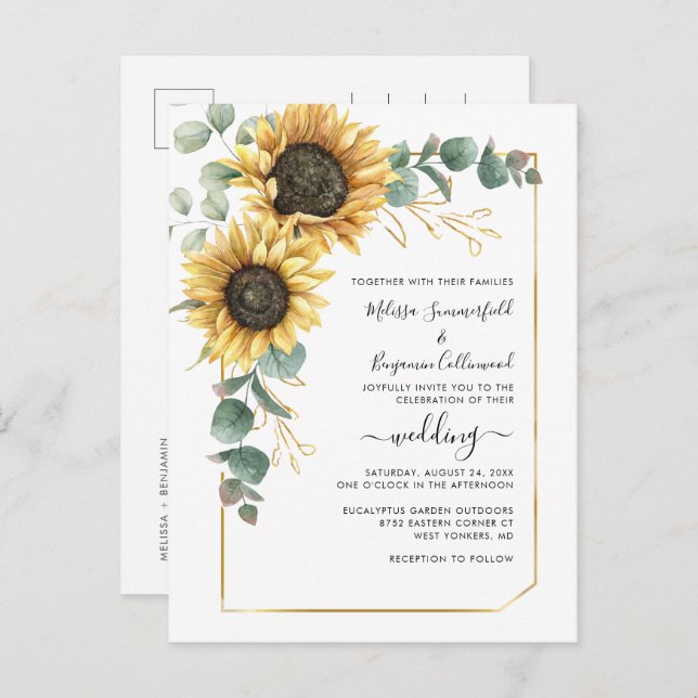 Sunflower Floral Script Botanical Wedding Invitation Postcard (Front/Back)