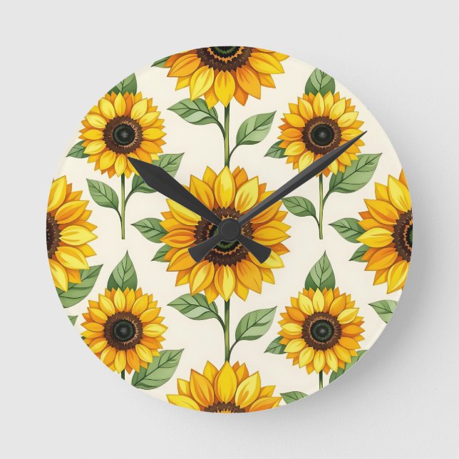 Sunflower Floral Seamless Pattern Bright Yellow Round Clock (Front)