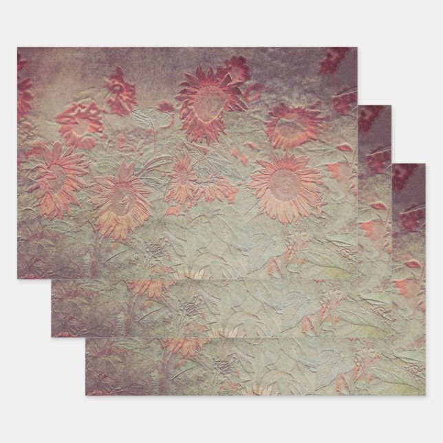 Sunflower Floral Teal Coral Pink Texture Grunge Wrapping Paper Sheet (Set)