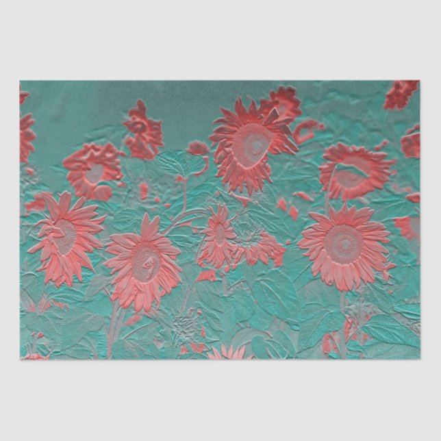 Sunflower Floral Teal Green Pink Chic Decoupage Tissue Paper (Front)