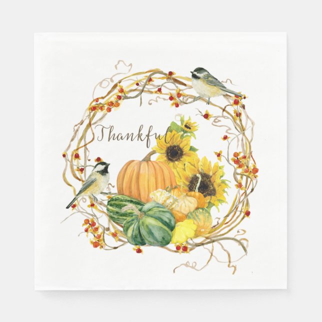 Sunflower Floral Thanks Fall Pumpkin Thanksgiving Napkin (Front)
