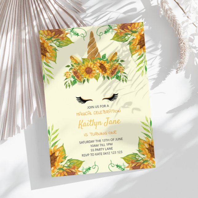 Sunflower Floral Unicorn Yellow Cute Girls Invitation (Creator Uploaded)