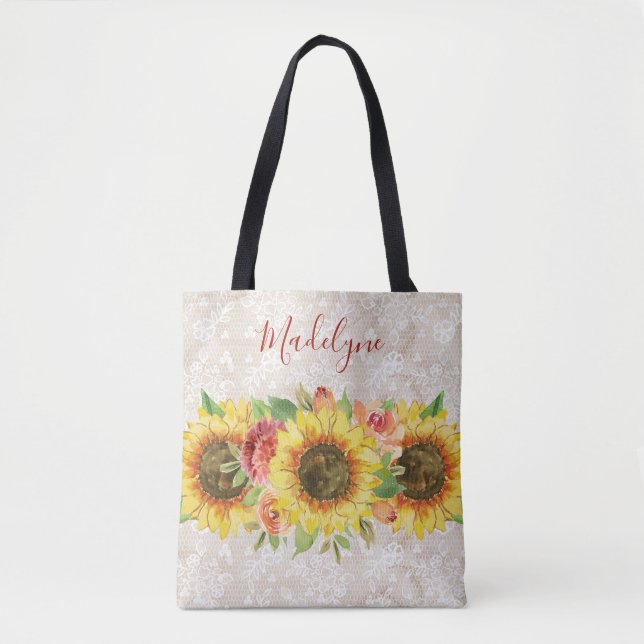 Sunflower Floral Vintage Lace Tote Bag (Front)