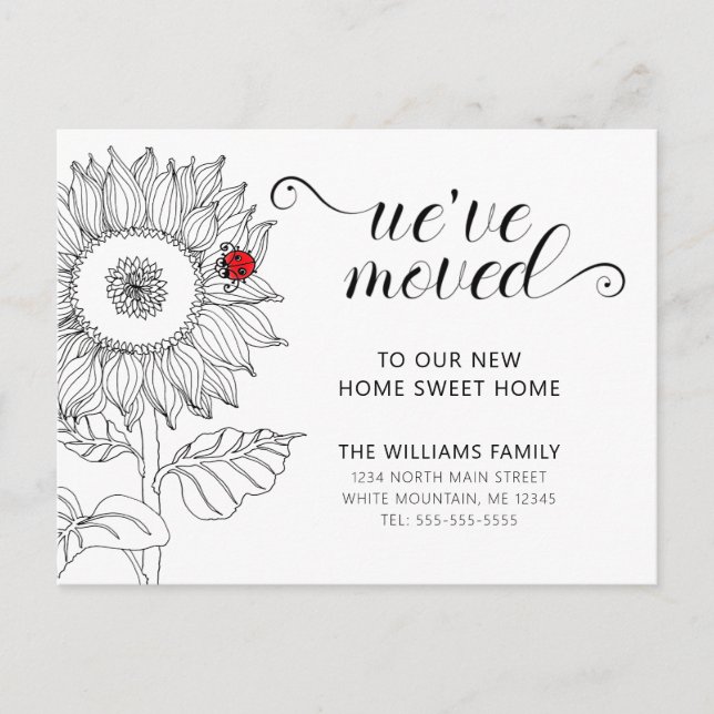 Sunflower Floral w/ Ladybug Moving Announcement Postcard (Front)