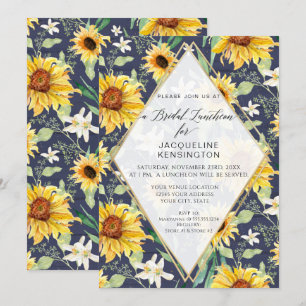Sunflower Floral Watercolor Foliage Navy Bridal Invitation