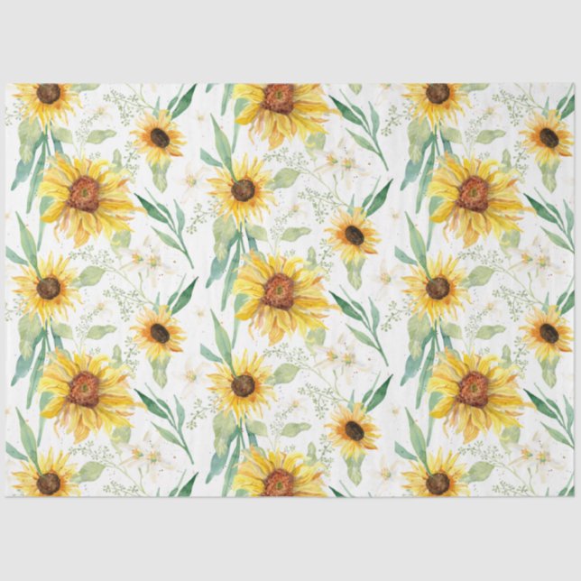 Sunflower Floral Watercolor Rustic White Decoupage Tissue Paper (Front)