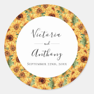 Sunflower Floral Watercolor Wedding Classic Round Sticker