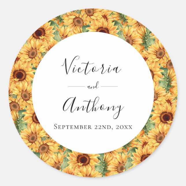 Sunflower Floral Watercolor Wedding Classic Round Sticker (Front)