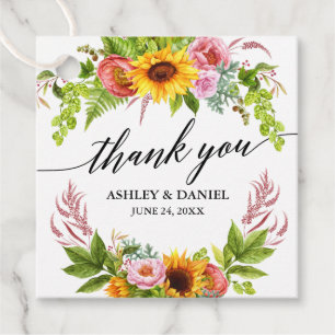 Sunflower Floral Wedding Calligraphy Thank You Favour Tags